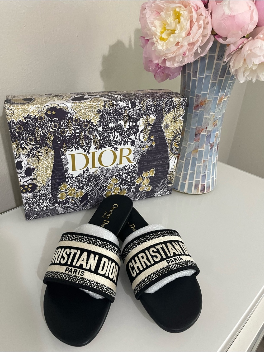 Dior Black and White Embroidered Logo Slide Sandals